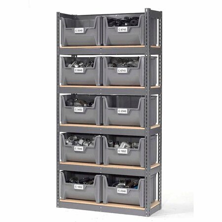 GLOBAL INDUSTRIAL Steel Boltless Wood Deck Shelving, 10 Plastic Hopper Bins Gray, 42x15x84 238203GY